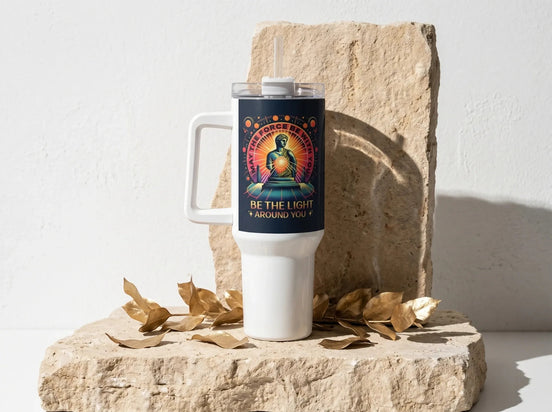 Essences Agape gobelet blanc 40 oz avec illustration inspirante de Bouddha et citation "May the force be with you, be the light around you".