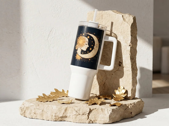 Essences Agape gobelet blanc et bleu nuit avec illustration lunaire et solaire, idéal pour boissons chaudes ou froides.