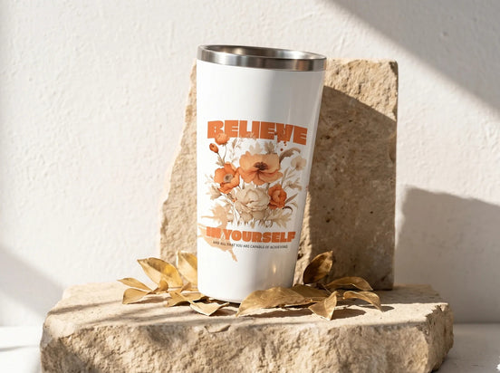 Essences Agape gobelet blanc avec inscription "BELIEVE IN YOURSELF" et motif floral dans des tons orangés et beiges. Idéal pour la motivation et le bien-être.