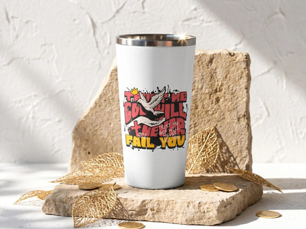 Gobelet tumbler blanc Essences Agape avec inscription « Trust me, God will never fail you » et un colombe.