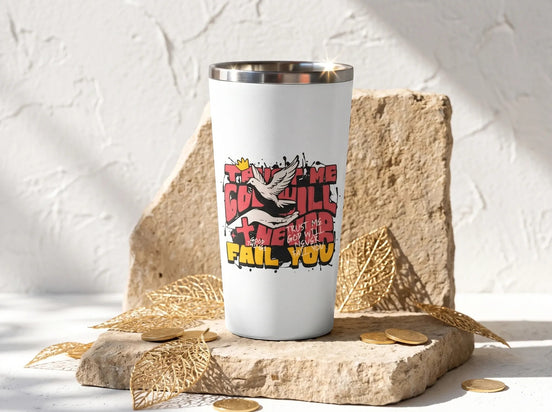 Gobelet tumbler blanc Essences Agape avec inscription « Trust me, God will never fail you » et un colombe.
