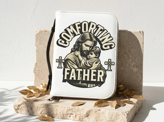 Essences Agape - Housse de Bible blanche en cuir PU avec Jésus serrant un enfant et l'inscription "Comforting Father".