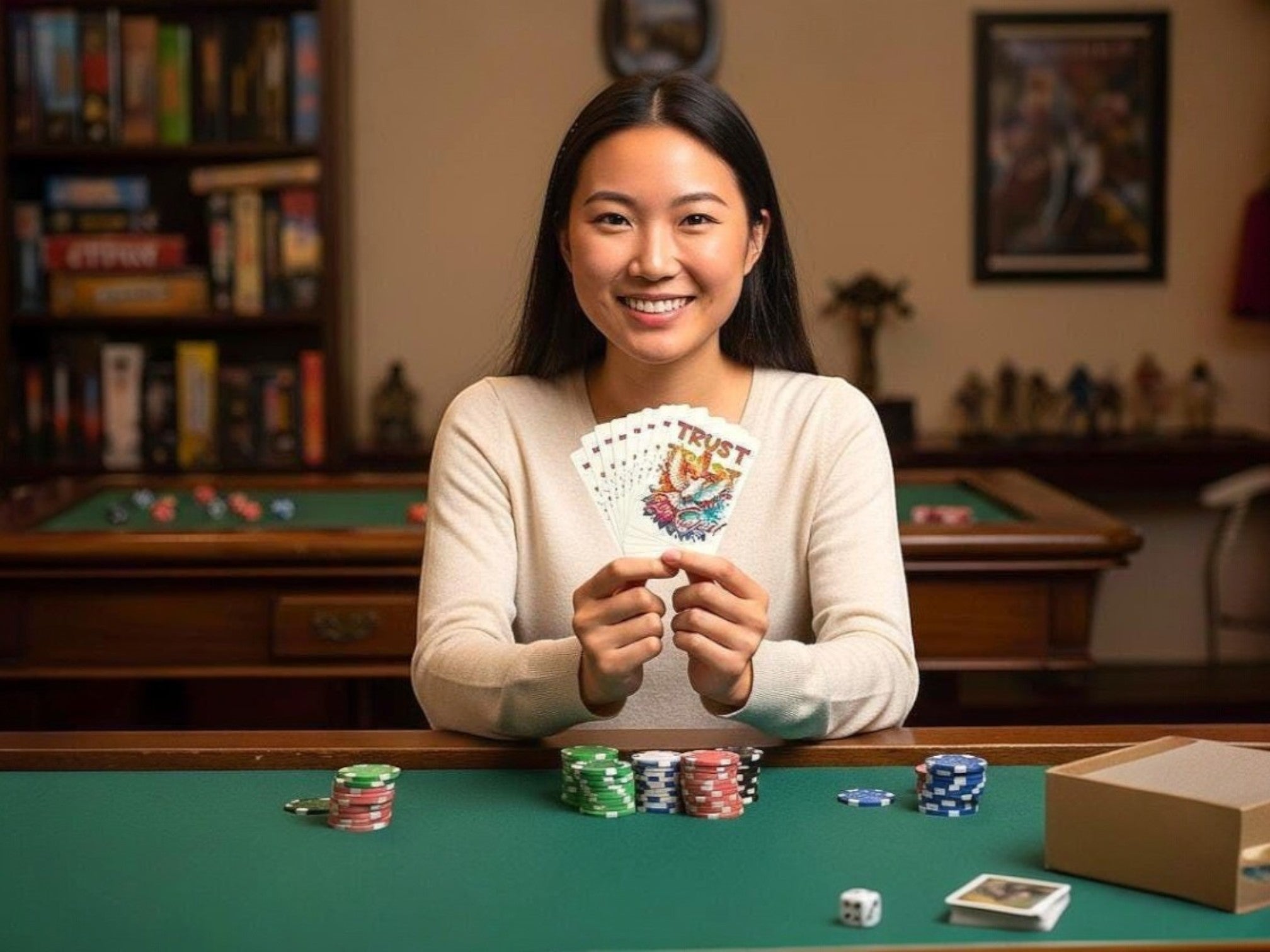 Une jeune femme souriante tient un jeu de cartes à thème chrétien avec une colombe et une croix. Essences Agape.