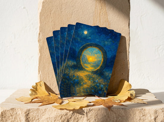 Jeu de cartes à jouer Essences Agape, peinture d'un portail lumineux céleste bleu et doré, style artistique