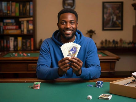 Homme souriant tenant un jeu de cartes de poker sorcière, avec des jetons et des dés sur une table de jeu verte.