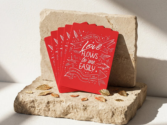 Essences Agape - Jeu de cartes rouge avec inscription "Love flows to me easily" en blanc, style calligraphique, pour la pensée positive et la confiance.