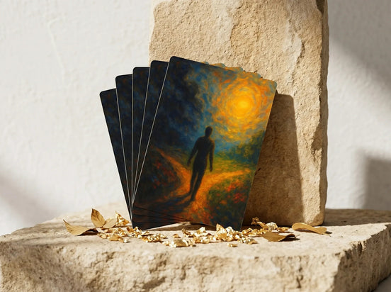 Essences Agape jeu de cartes spirituel avec un homme marchant vers une lumière dorée, style peinture impressionniste.