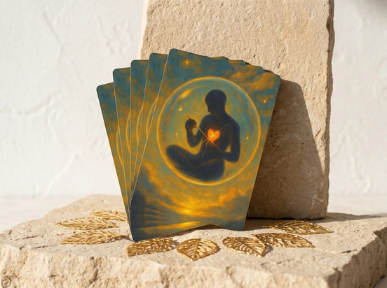 Essences Agape - Jeu de cartes spirituel avec silhouette méditative, cœur lumineux, fond doré et bleu, papier cartonné premium.