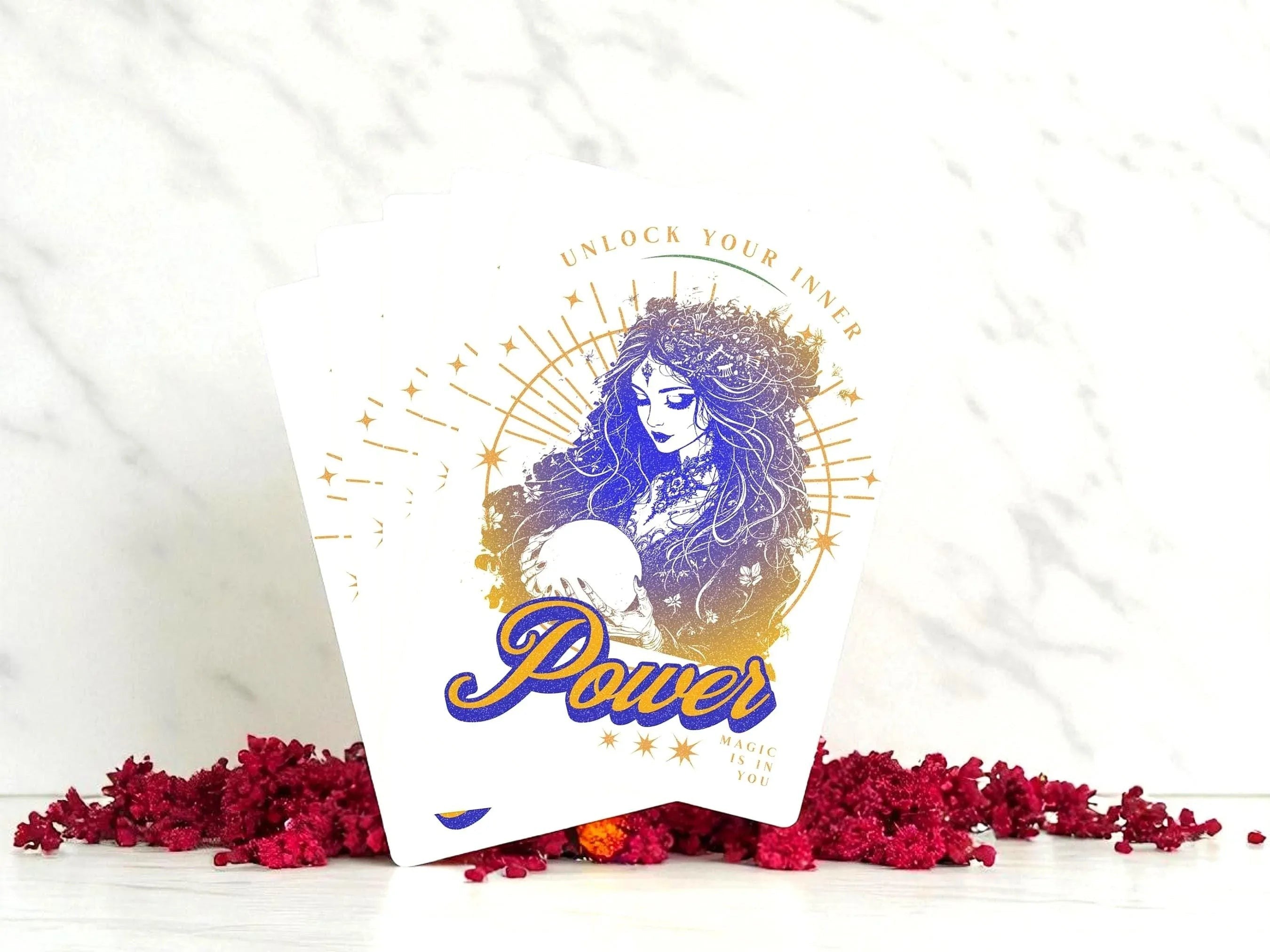Jeu de cartes de poker Essences Agape avec illustration de sorcière mystique, texte 