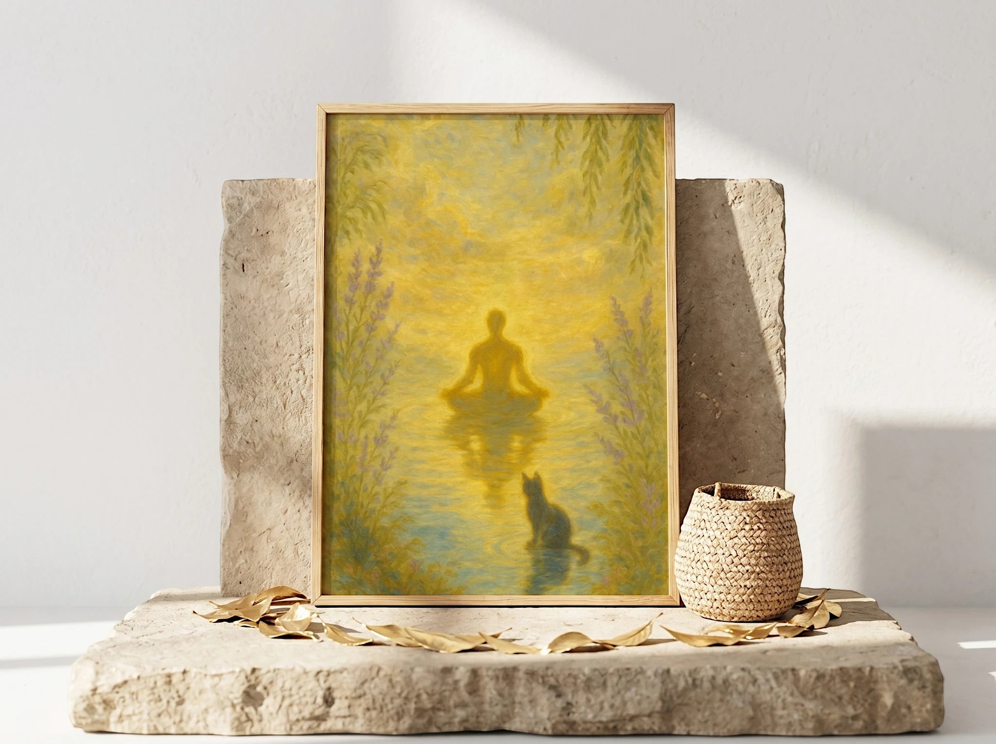 Essences Agape - Affiche d'art spirituel, homme en méditation sur l'eau, chat noir, ambiance paisible et dorée.