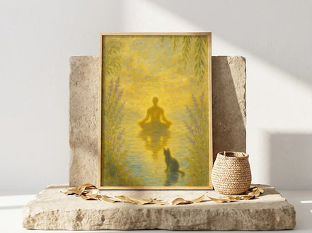 Essences Agape - Affiche d'art spirituel, homme en méditation sur l'eau, chat noir, ambiance paisible et dorée.