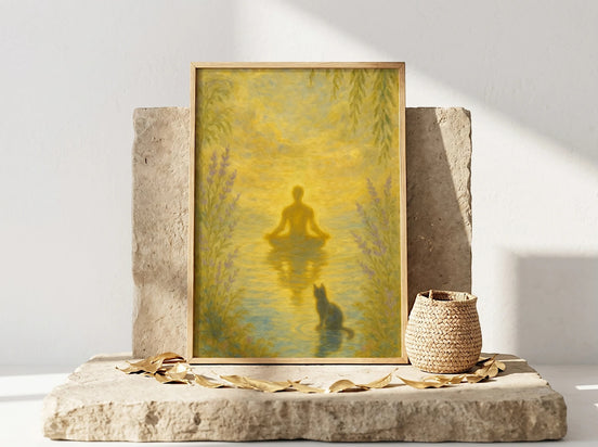 Essences Agape - Affiche d'art spirituel, homme en méditation sur l'eau, chat noir, ambiance paisible et dorée.