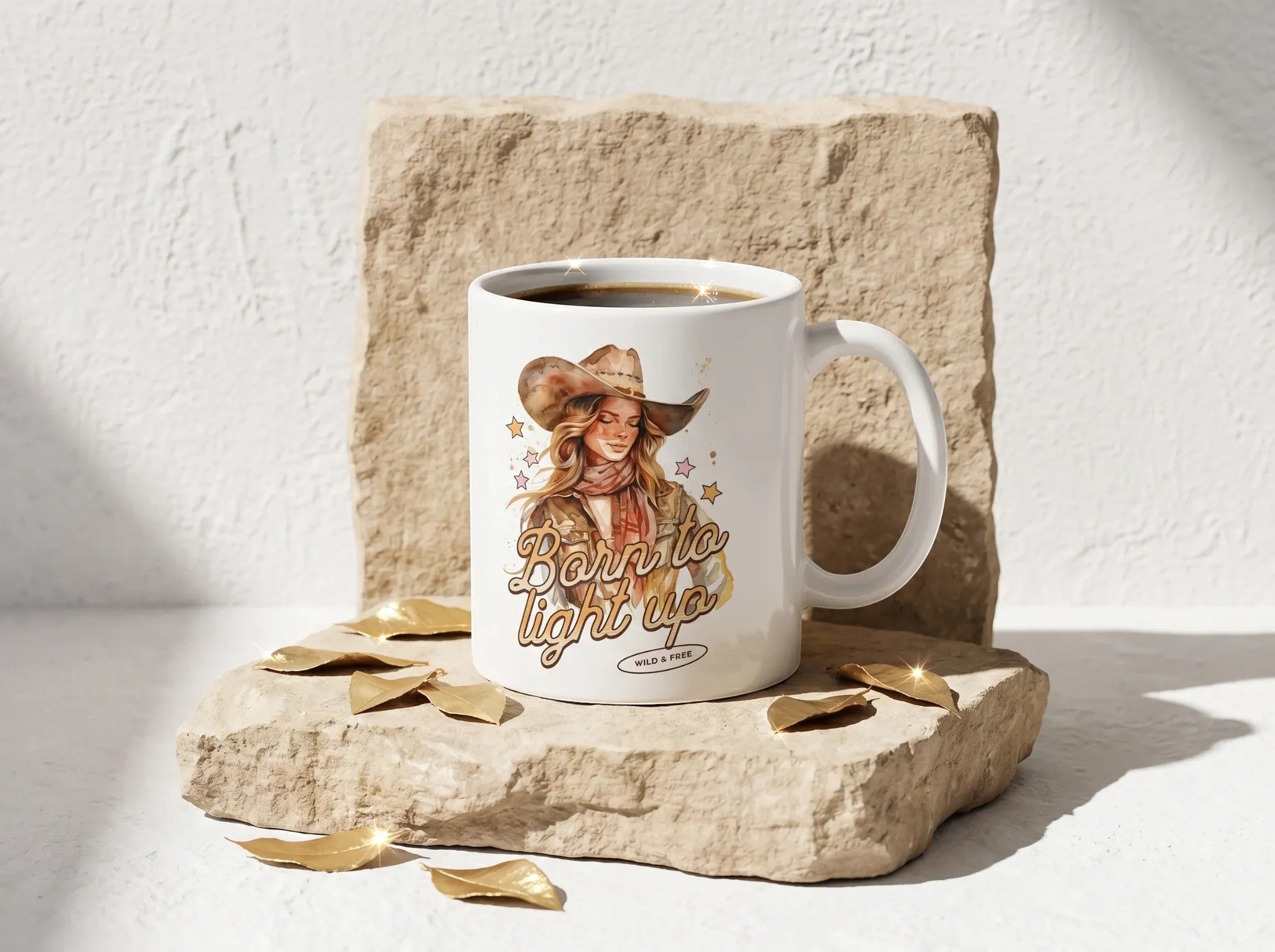 Mug blanc avec illustration d'une cowgirl et l'inscription 