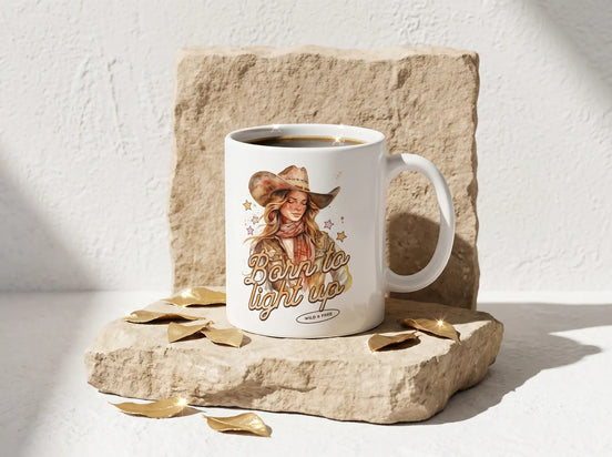 Mug blanc avec illustration d'une cowgirl et l'inscription "Born to light up". Style western, idéal pour le café.