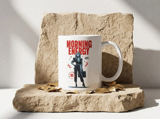 Tasse à café en céramique blanche Essences Agape avec inscription "Morning Energy" et illustration d'une femme d'affaires déterminée.