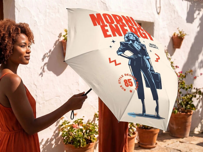 Parapluie pliant Essences Agape, style vintage, avec illustration d'une femme d'affaires et texte 'Morning Energy'.
