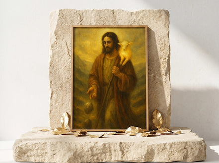 Essences Agape : peinture française d'un agneau de Dieu, art religieux, affiche chrétienne, Jésus portant un agneau sur ses épaules, tons chauds, style ancien.