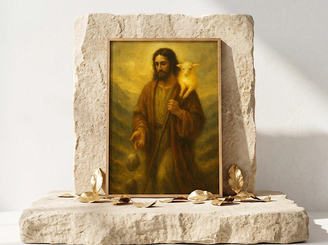 Essences Agape : peinture française d'un agneau de Dieu, art religieux, affiche chrétienne, Jésus portant un agneau sur ses épaules, tons chauds, style ancien.