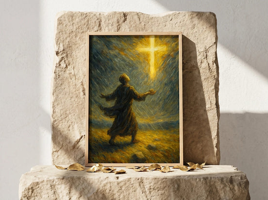 Peinture d'art spirituel Essences Agape : homme aux bras ouverts sous une croix lumineuse, symbolisant la foi et la guidance.