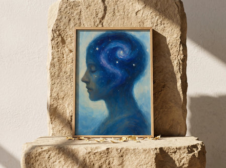 Essences Agape - Peinture d'une tête féminine bleue remplie d'une galaxie tourbillonnante et d'étoiles, art spirituel.