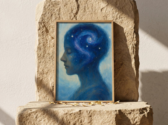 Essences Agape - Peinture d'une tête féminine bleue remplie d'une galaxie tourbillonnante et d'étoiles, art spirituel.