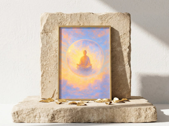 Essences Agape - Peinture ésotérique d'une silhouette en méditation dans un ciel pastel, art de la pleine conscience.