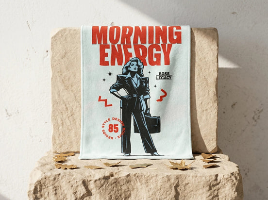 Essences Agape - Plaid polaire femme entrepreneuse, illustration 'Morning Energy' avec une femme en tailleur noir, texte rouge et bleu, microfibre douce.