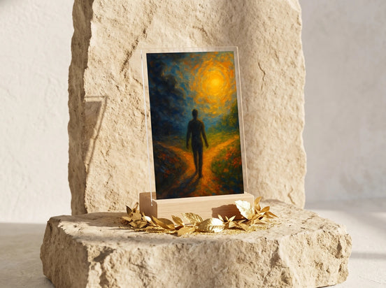 Essences Agape : Présentoir acrylique lumineux, silhouette marchant vers la lumière, décor zen et spirituel.