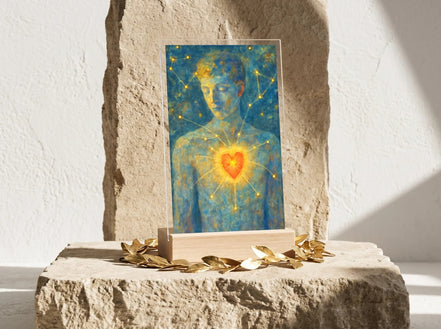 Essences Agape : présentoir acrylique avec illustration d'un homme au centre du cœur lumineux, entouré d'étoiles, style zen et spirituel.