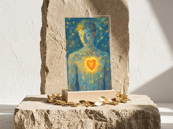 Essences Agape : présentoir acrylique avec illustration d'un homme au centre du cœur lumineux, entouré d'étoiles, style zen et spirituel.