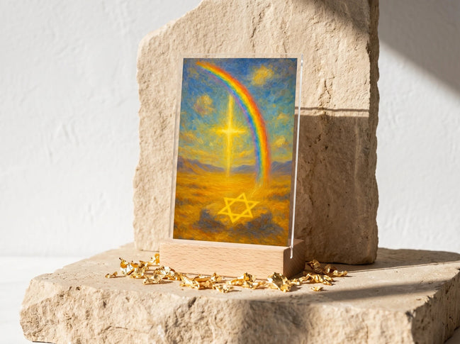 Présentoir acrylique Essences Agape avec croix dorée, étoile de David et arc-en-ciel sur fond abstrait doré et bleu.