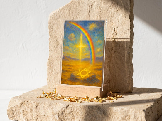 Présentoir acrylique Essences Agape avec croix dorée, étoile de David et arc-en-ciel sur fond abstrait doré et bleu.