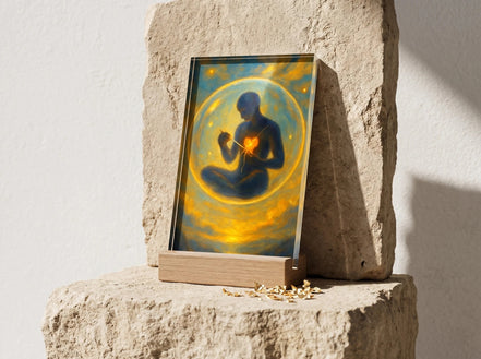 Essences Agape : Présentoir acrylique avec une silhouette bleue méditant, un cœur lumineux au centre, sur fond doré et bleu, support en bois clair.