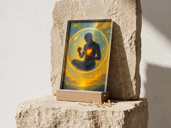 Essences Agape : Présentoir acrylique avec une silhouette bleue méditant, un cœur lumineux au centre, sur fond doré et bleu, support en bois clair.