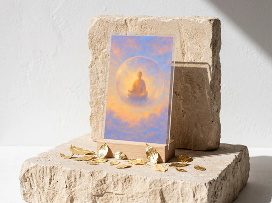 Essences Agape : présentoir acrylique avec silhouette méditative dorée sur fond de ciel nuageux, support bois clair, décor zen