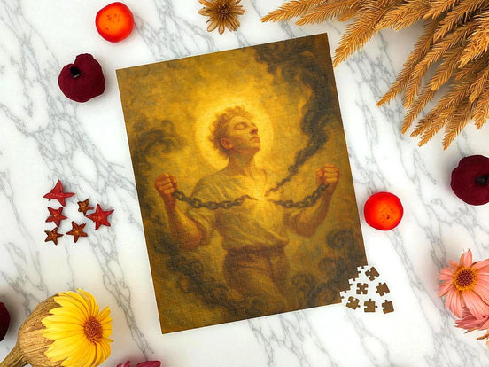 Essences Agape puzzle 500 pièces, peinture ésotérique d'une figure se libérant de chaînes, symbolisant la renaissance et la force intérieure.