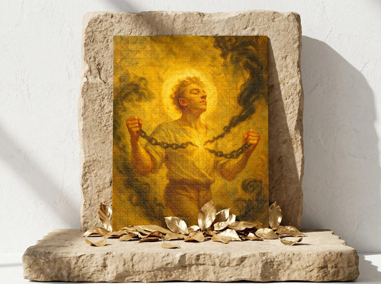 Essences Agape puzzle 500 pièces, homme se libérant de chaînes, symbolisant la foi et la force intérieure.