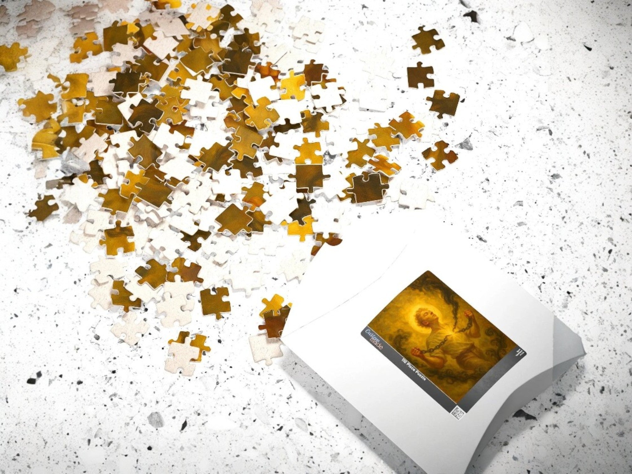 Essences Agape puzzle 500 pièces, peinture ésotérique d'une figure se libérant de chaînes dans une lumière dorée, symbolisant la renaissance et la force intérieure.