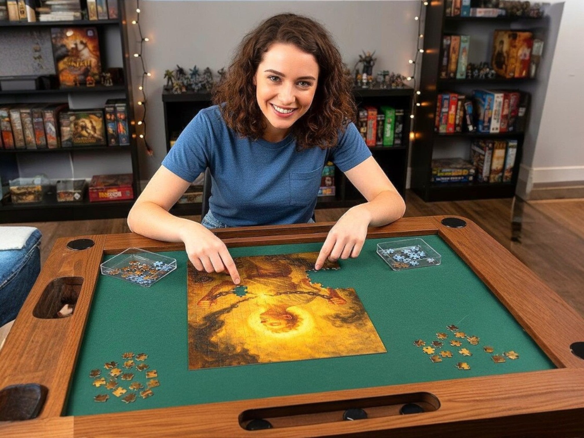 Femme souriante assemblant un puzzle de 500 pièces représentant une figure se libérant de chaînes, sur une table de jeu en bois.