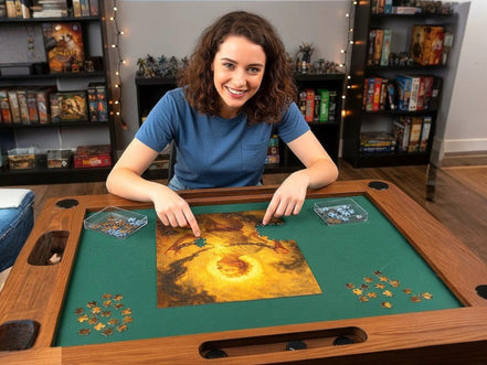 Femme souriante assemblant un puzzle de 500 pièces représentant une figure se libérant de chaînes, sur une table de jeu en bois.