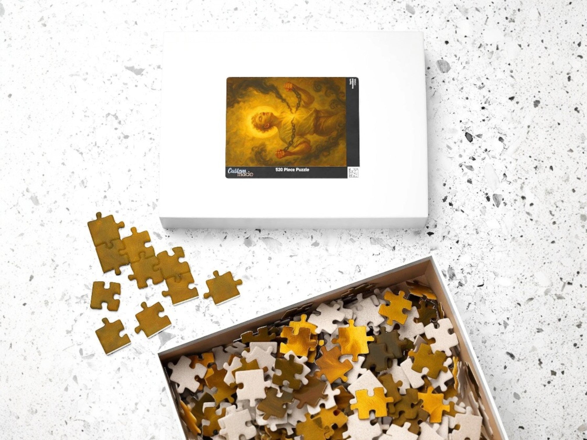 Essences Agape puzzle 500 pièces, peinture ésotérique d'une personne se libérant de chaînes, symbolisant la renaissance et la force intérieure.