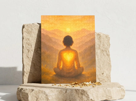 Essences Agape puzzle 500 pièces, illustration d'une silhouette méditative au cœur lumineux, ambiance spirituelle et apaisante.