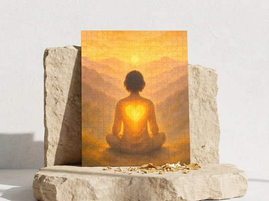 Essences Agape puzzle 500 pièces, illustration d'une silhouette méditative au cœur lumineux, ambiance spirituelle et apaisante.