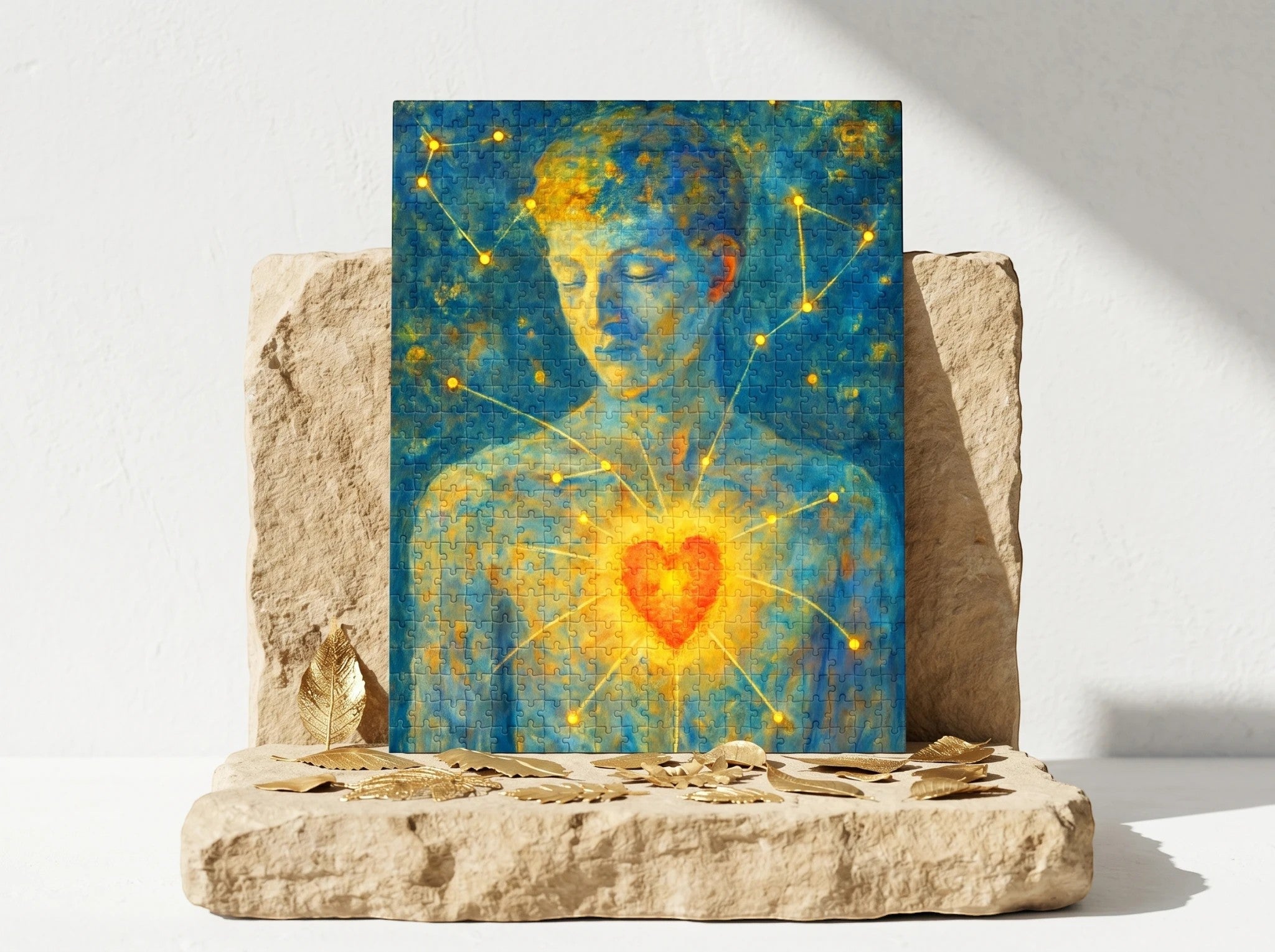 Essences Agape puzzle 500 pièces, peinture ésotérique d'un homme au cœur lumineux, ambiance méditative et spirituelle.