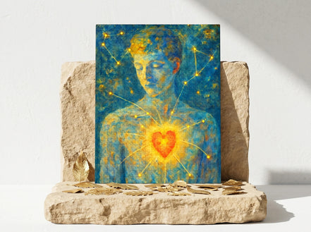 Essences Agape puzzle 500 pièces, peinture ésotérique d'un homme au cœur lumineux, ambiance méditative et spirituelle.