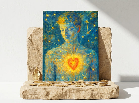 Essences Agape puzzle 500 pièces, peinture ésotérique d'un homme au cœur lumineux, ambiance méditative et spirituelle.