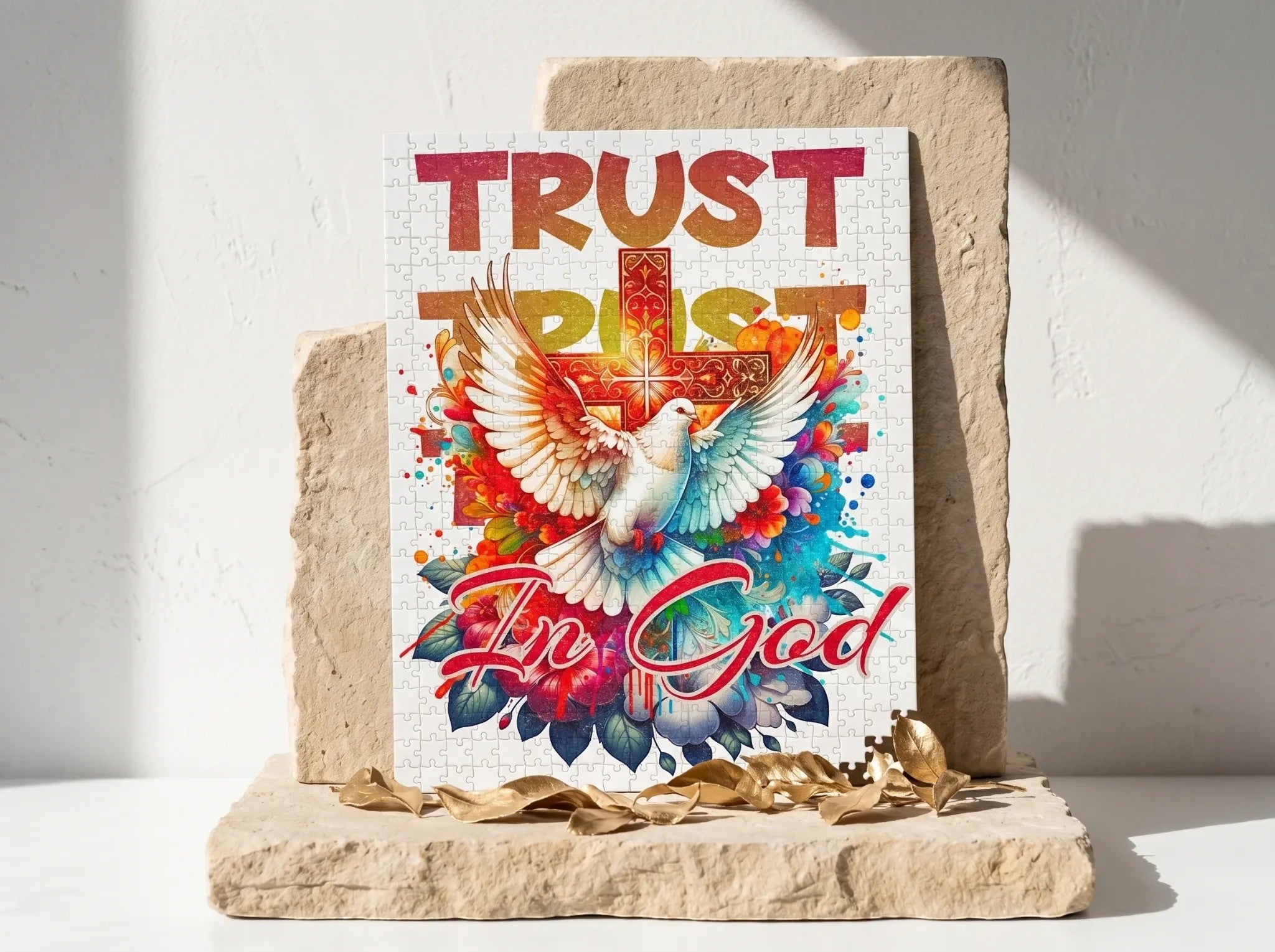 Essences Agape puzzle 500 pièces, colombe blanche devant une croix lumineuse, texte 