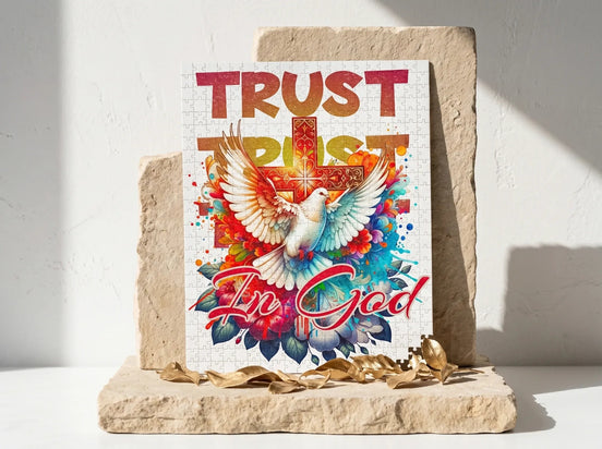 Essences Agape puzzle 500 pièces, colombe blanche devant une croix lumineuse, texte "Trust in God".