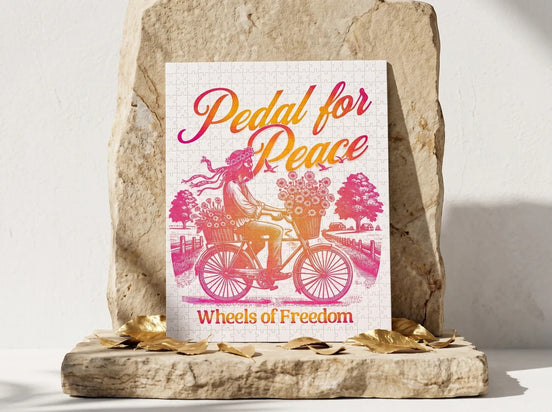 Puzzle 500 pièces Essences Agape, illustration hippie "Pedal for Peace" avec une femme à vélo chargée de fleurs, dégradé rose et orange.