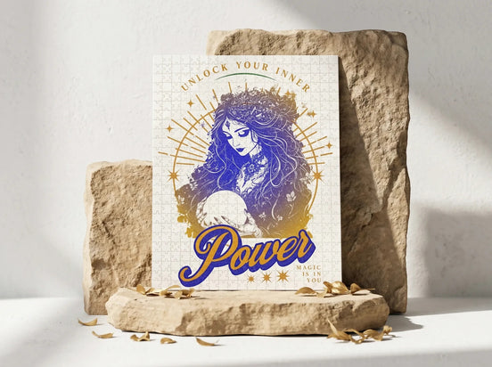 Essences Agape puzzle 500 pièces, illustration d'une sorcière mystique tenant une boule de cristal, design ésotérique avec le mot 'Power'.